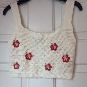 Wild Fable White and Red Floral Crochet Crop Top